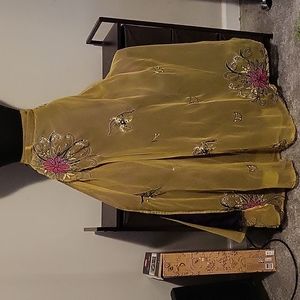 Boho maxi wrap skirt beaded and embroidered silk yellow and pink